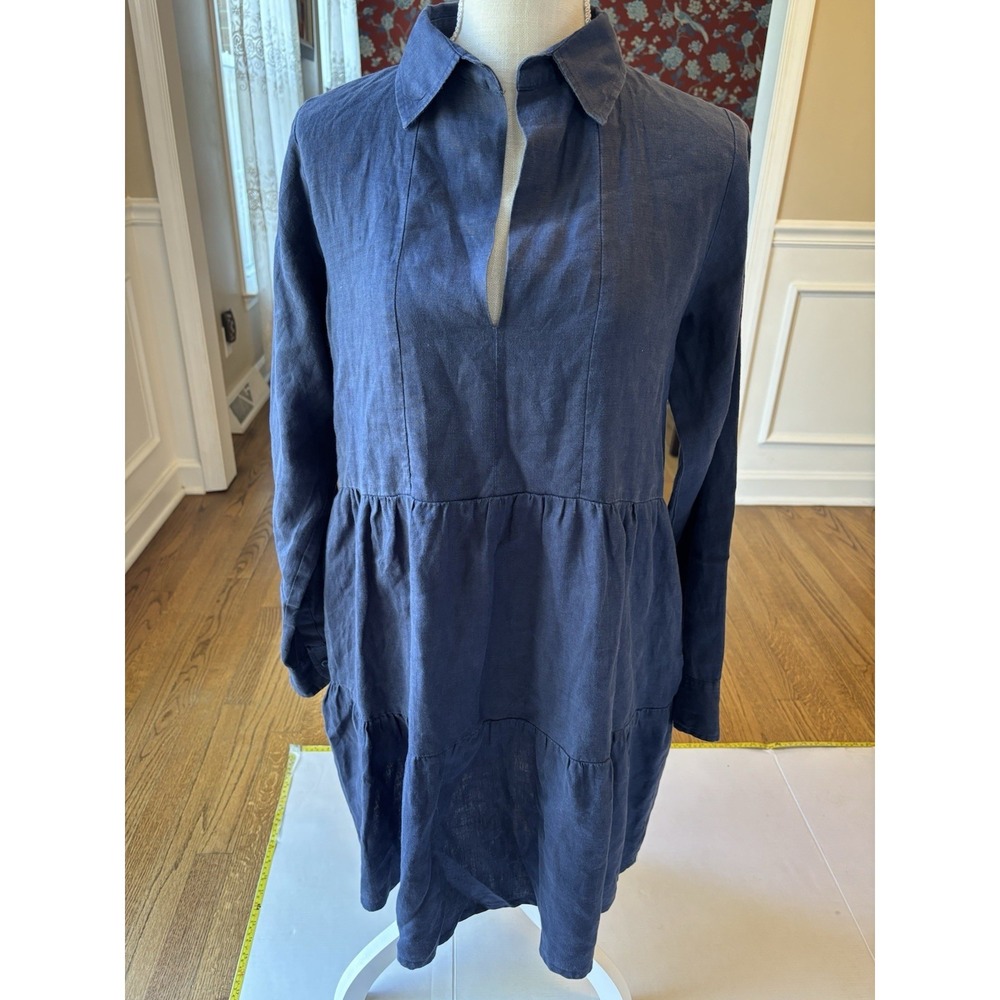 Ljc Designs‎  Linen Tiered V Neck Long Sleeve Casual Dress Navy Sz Large
